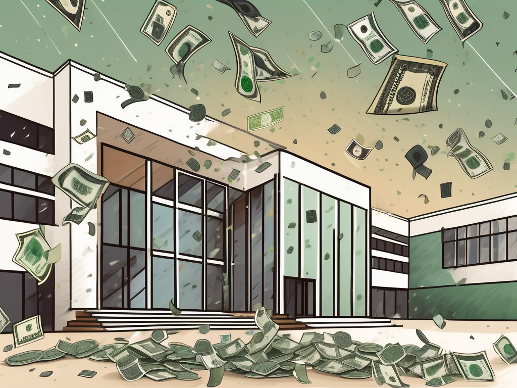 A modern saudi arabian school building with a symbolic representation of different currencies raining down on it