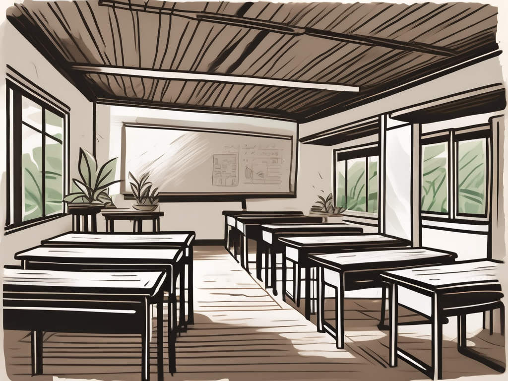 A traditional thai classroom with elements like a blackboard