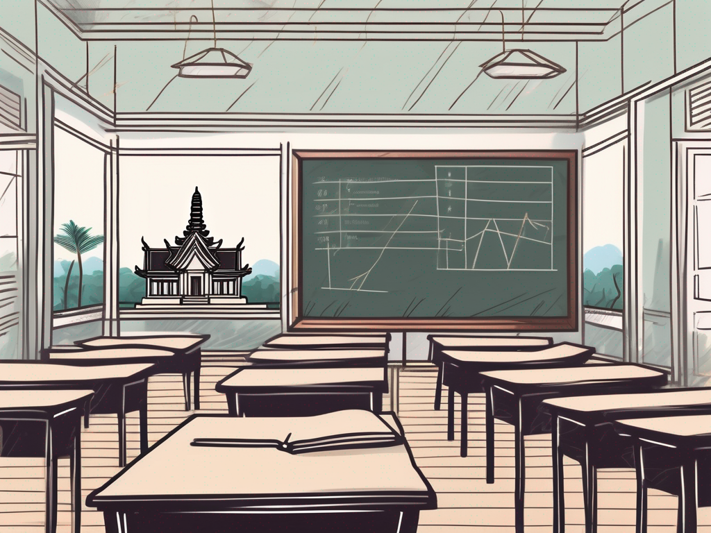 A classroom setting with a view of famous cambodian landmarks in the background