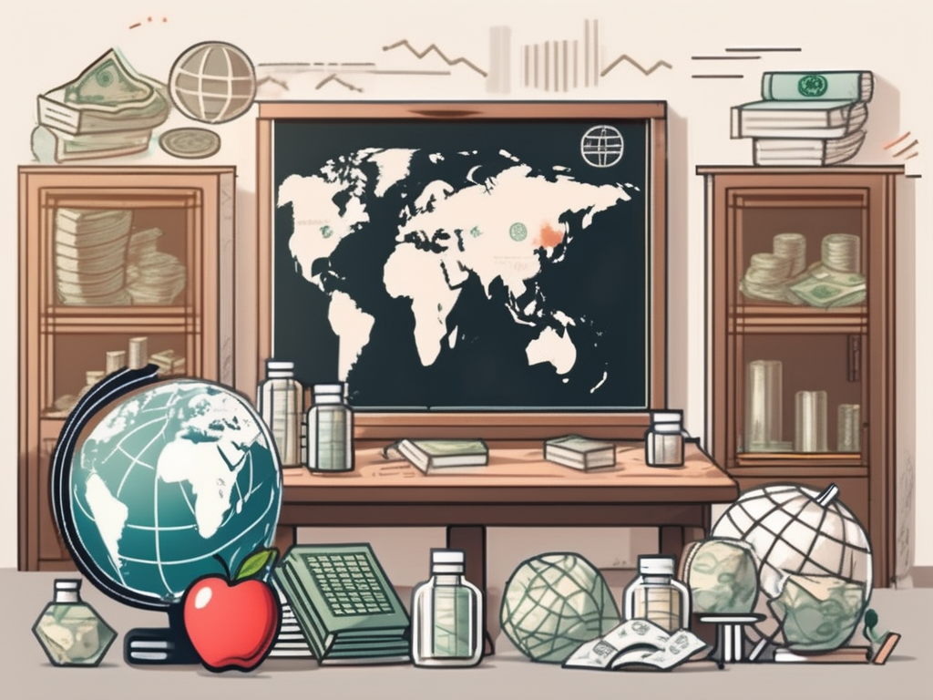 A traditional japanese classroom with a chalkboard displaying various currency symbols