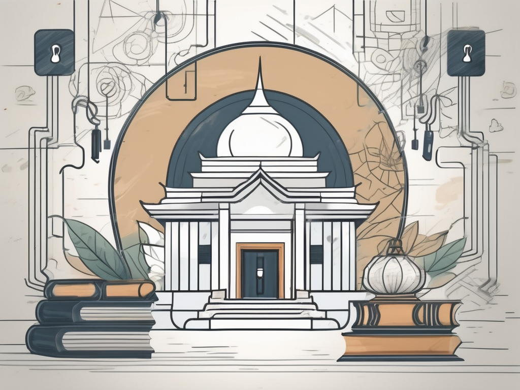 A classroom setting with a mix of thai cultural elements and english teaching tools