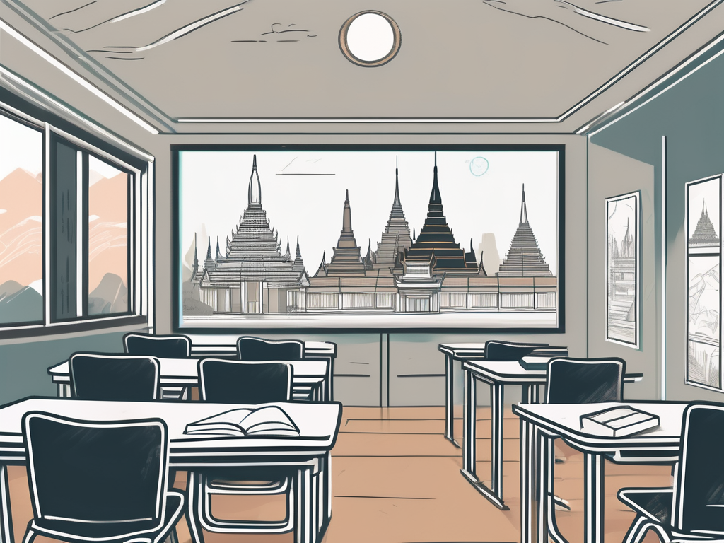A classroom setting with a view of thailand's iconic landmarks in the background