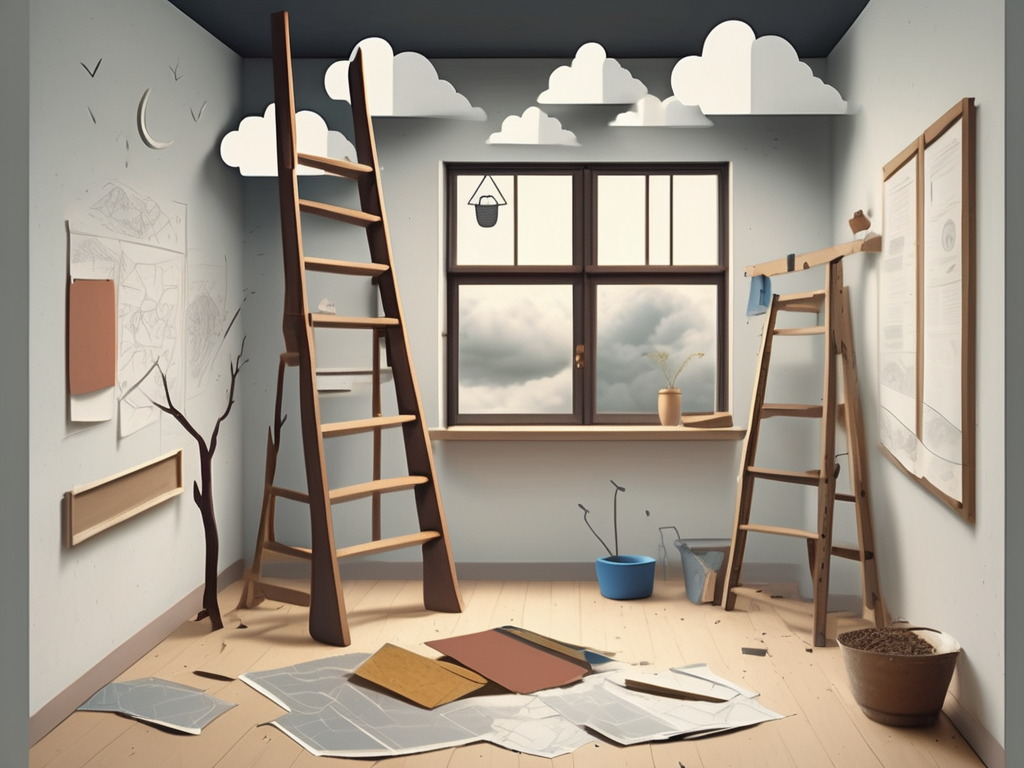 A classroom setting with a mix of symbolic elements such as a low hanging fruit (representing limited job opportunities)