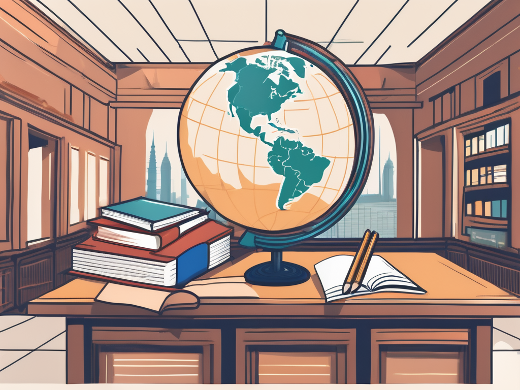 A classroom setting with diverse educational tools and a backdrop of iconic thai landmarks