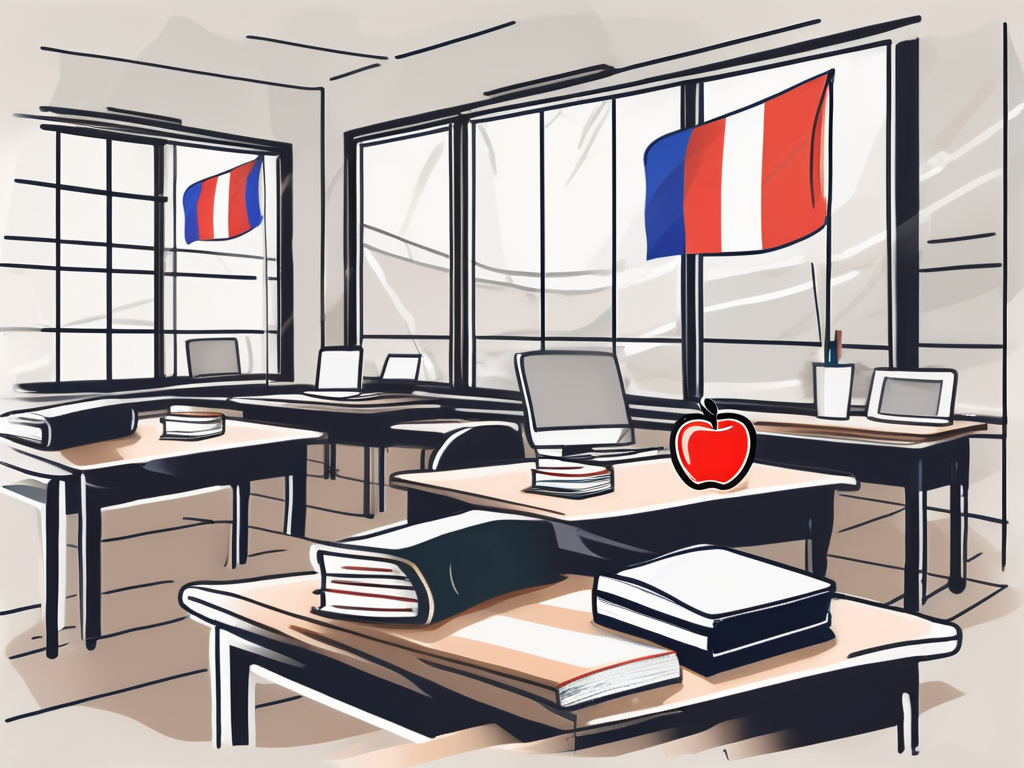 A thai school building with international flags fluttering around it