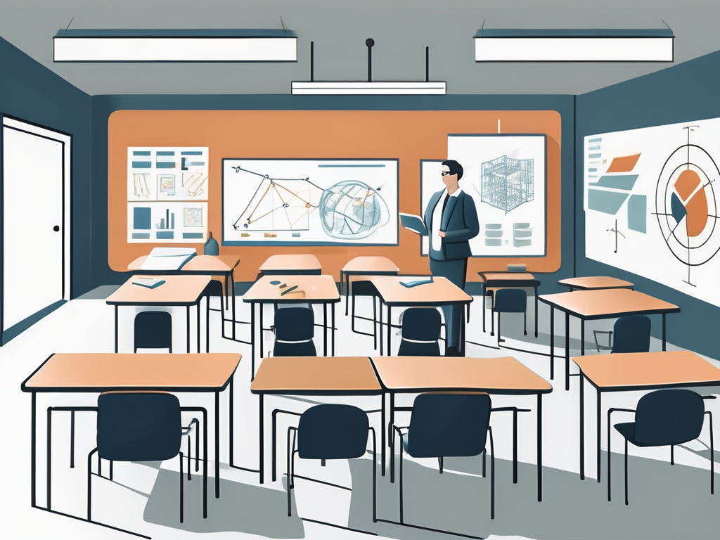 A classroom setting with various symbols representing teaching english