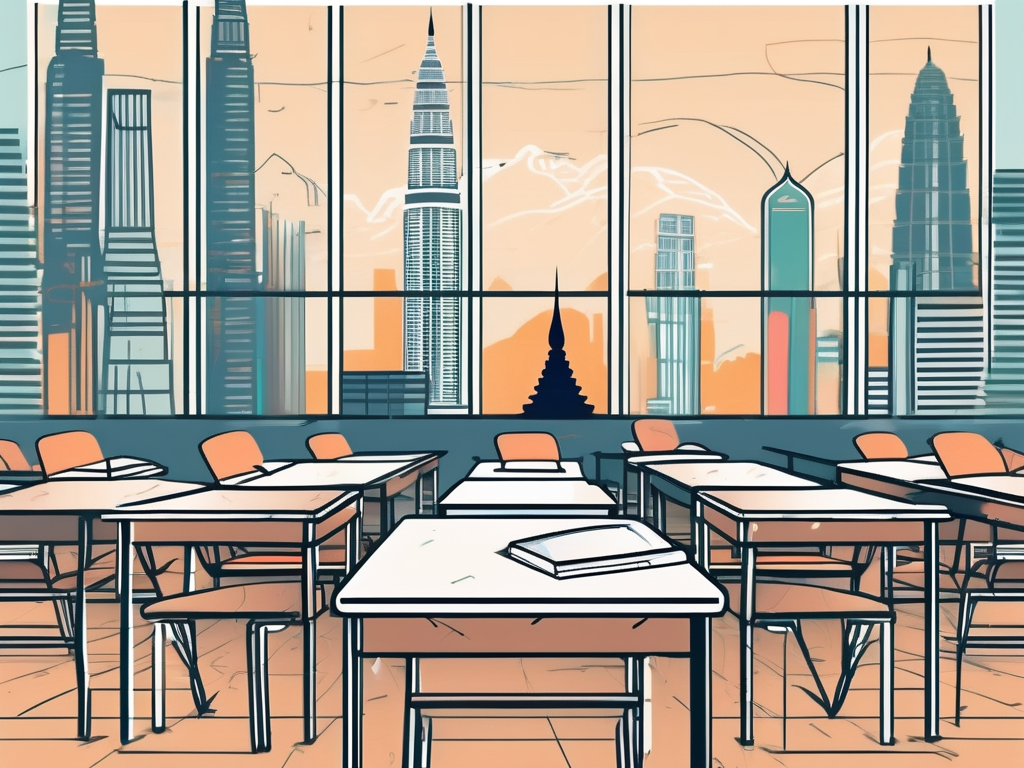 A classroom setting with diverse educational tools and a view of thailand's iconic landmarks in the background