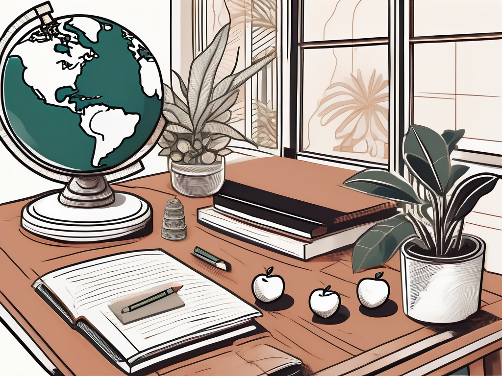 A teacher's desk with a globe