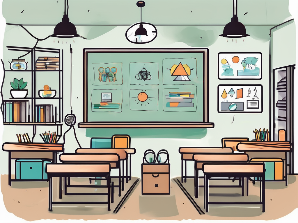 A well-organized classroom with various educational tools and symbols representing positive reinforcement