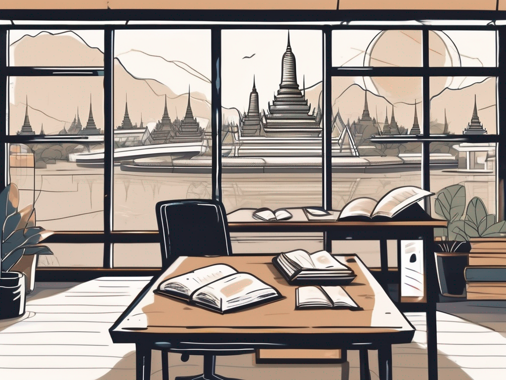 A classroom setting in singapore with various symbolic elements like an apple (for education)