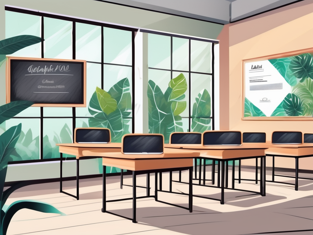 A classroom setting in thailand with a chalkboard