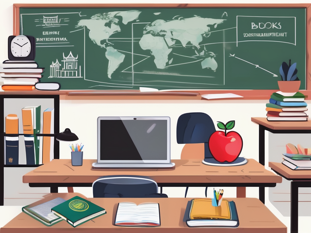 A classroom setting in thailand with a chalkboard