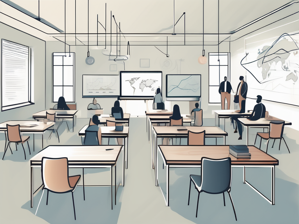 A classroom setting with various symbols representing continuous learning