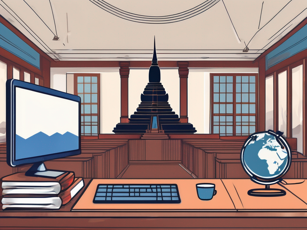 A classroom setting with a laptop