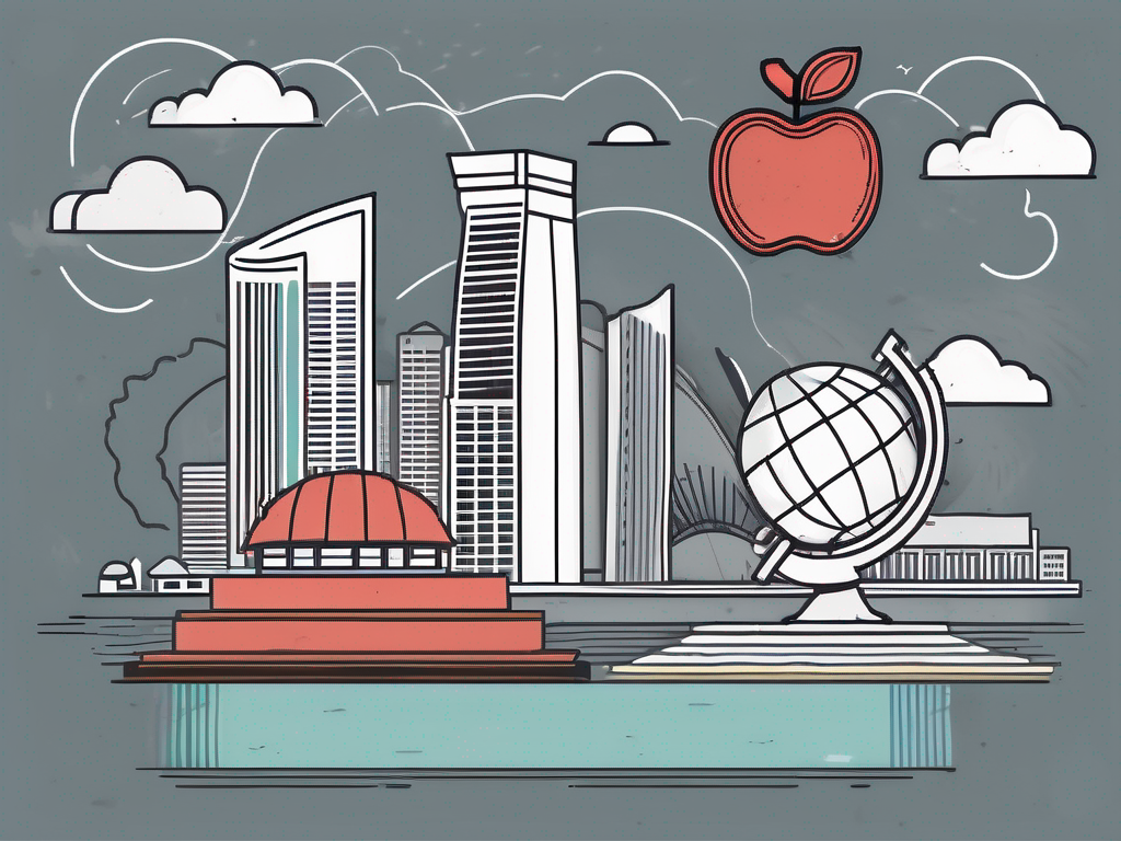 A classroom setting with various educational tools and symbols like chalkboard