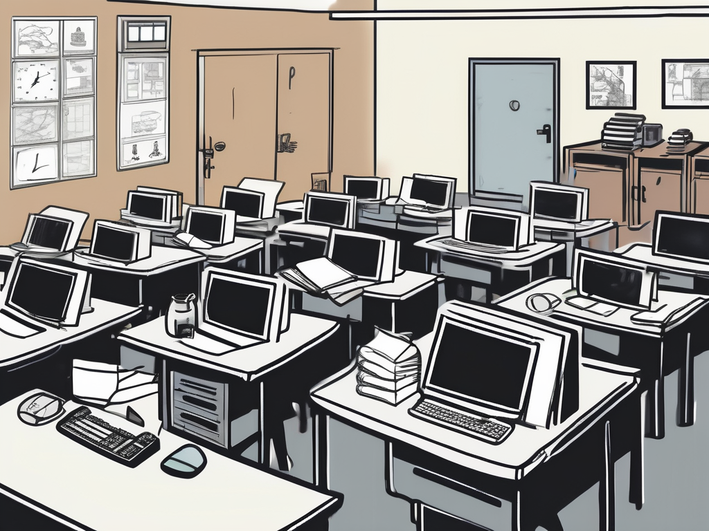 A classroom setting in china with various symbols representing common issues such as a broken computer for technology issues