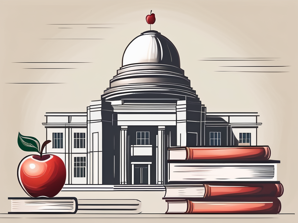 A prestigious school building in thailand with an apple on a stack of books in the foreground