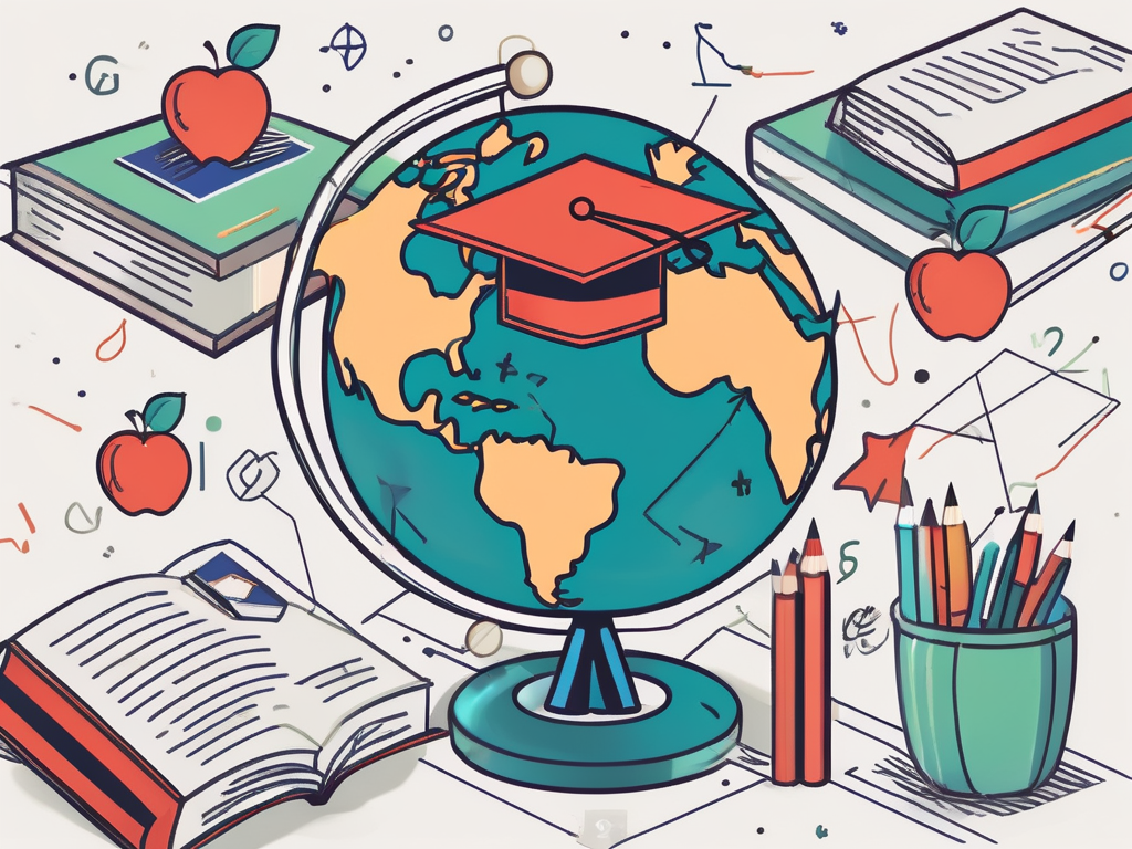 A globe with different teaching symbols like an apple