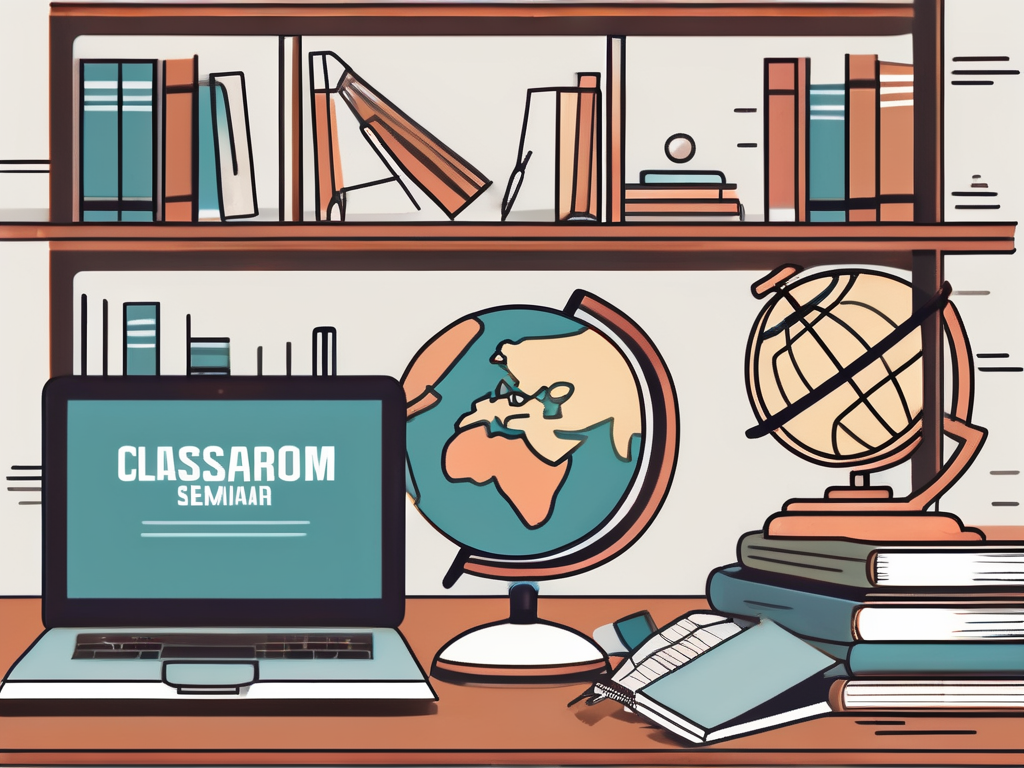 A classroom setting with various educational tools like books