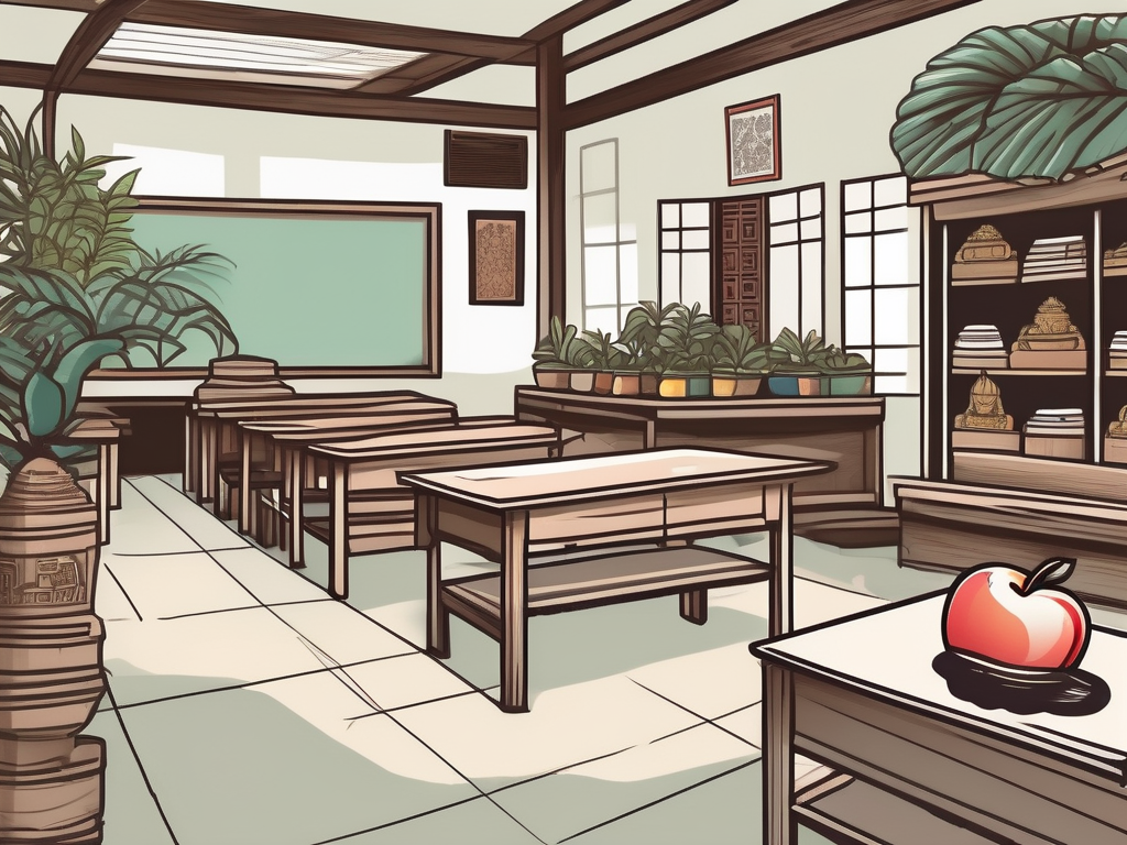 A classroom setting in thailand with teaching materials and an apple on the desk