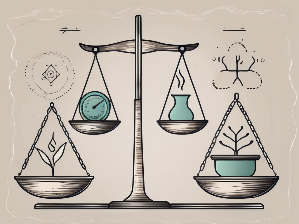 A balanced scale with symbols representing teaching tools on one side and symbols of self-care