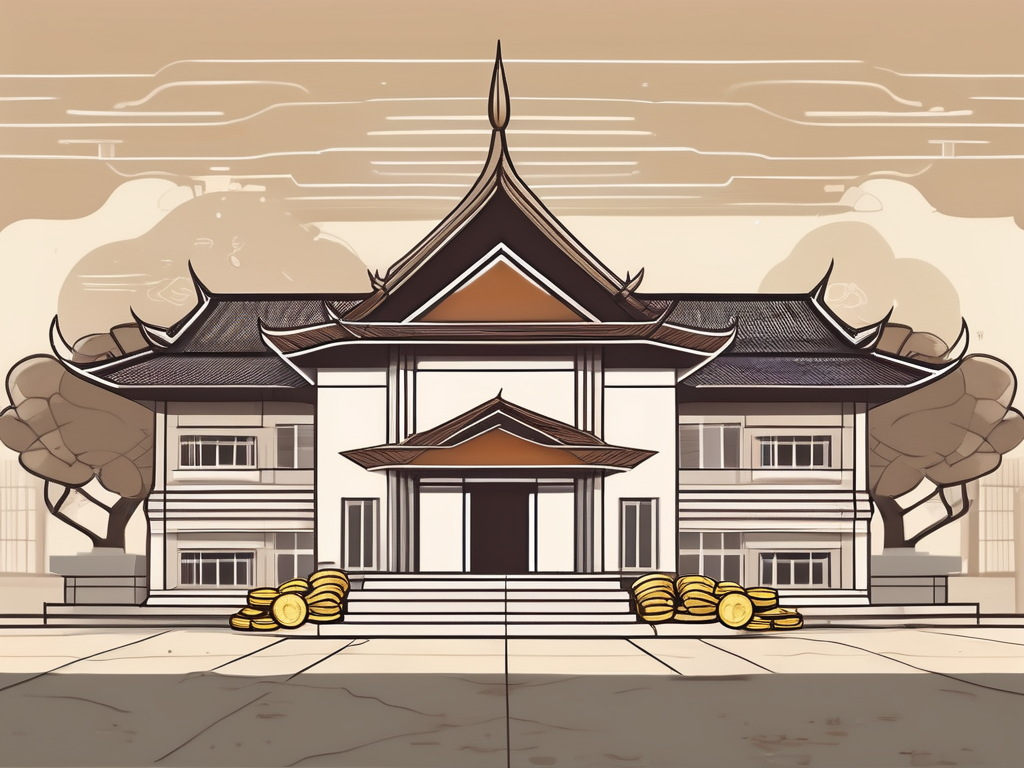 A traditional thai school building with a symbolic representation of an ipgce certificate and a sack of coins to denote wealth