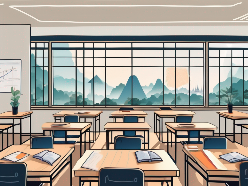 A classroom scene with a view of thailand's landmarks through the windows