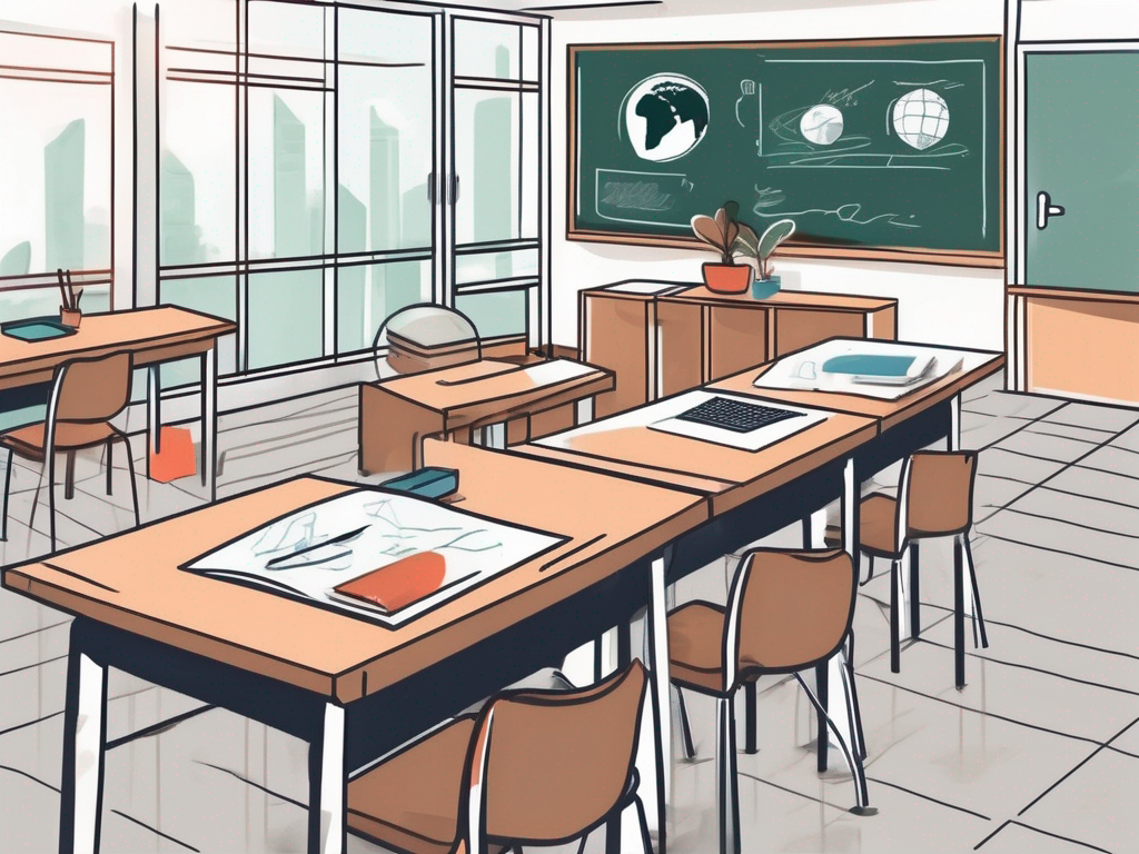 A classroom setting in singapore with various elements like a chalkboard