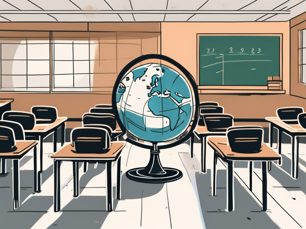 A classroom setting with empty chairs and desks