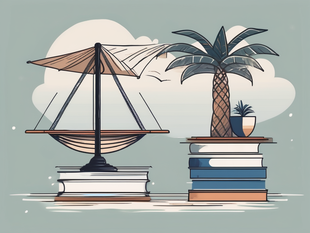 A balanced scale with one side holding a stack of books (representing work and teaching) and the other side holding a palm tree and a hammock (representing life and thailand)