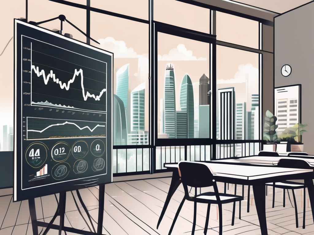 A classroom with a chalkboard displaying various graphs and charts representing cost of living and salaries
