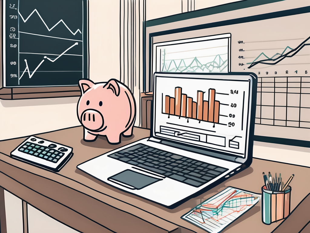 A classroom setting with a laptop displaying a financial graph