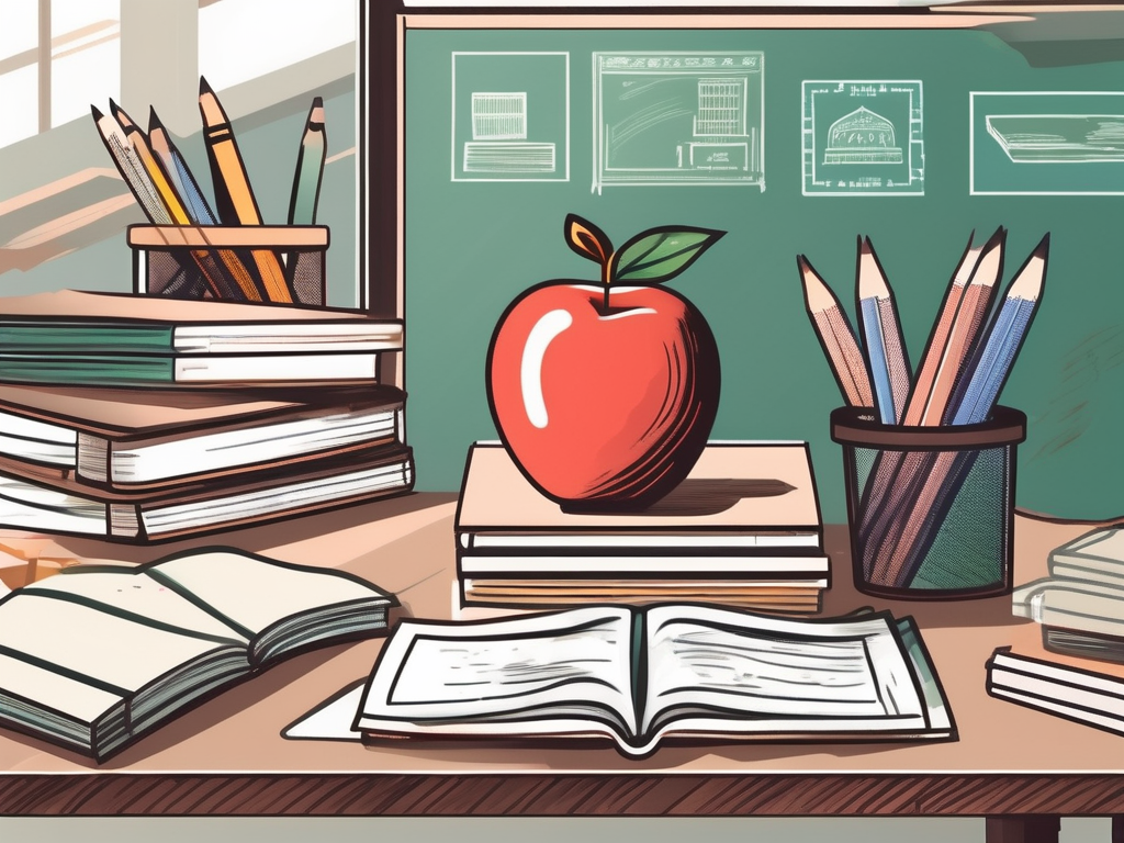 A classroom setting in thailand with teaching materials on the desk and an apple