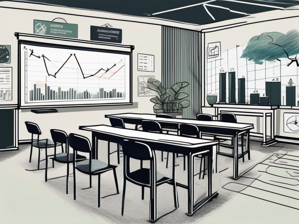 A classroom setting in singapore with a chalkboard displaying various financial graphs and charts