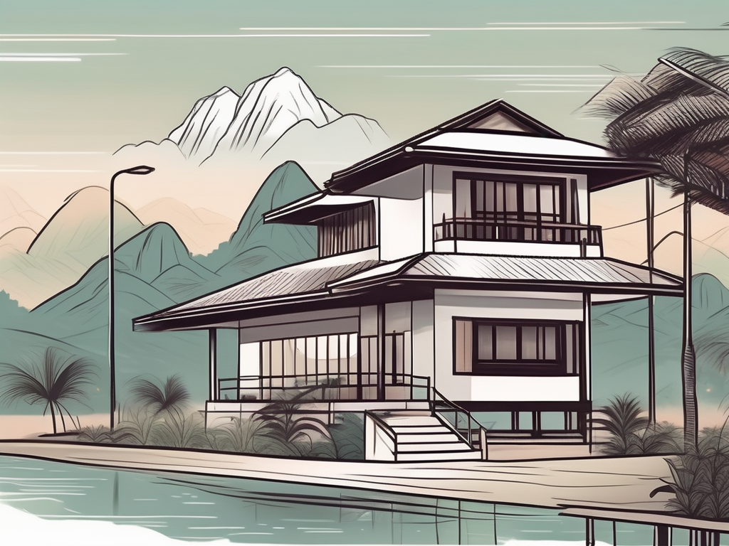 A picturesque thai landscape with a well-kept teacher's accommodation building prominently featured