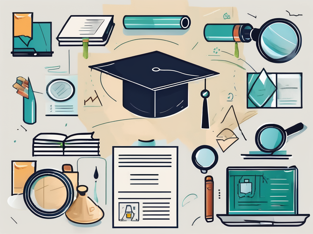 A portfolio filled with various educational symbols such as a graduation cap