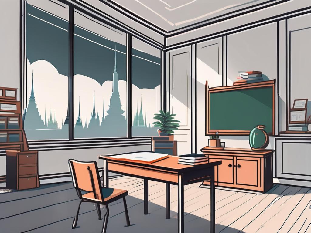 A classroom setting with an empty teacher's desk and chair