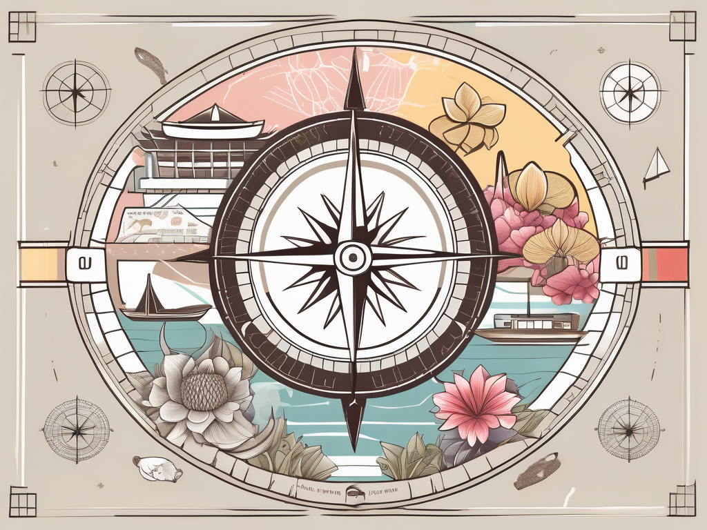 A symbolic compass surrounded by various iconic symbols of singaporean culture