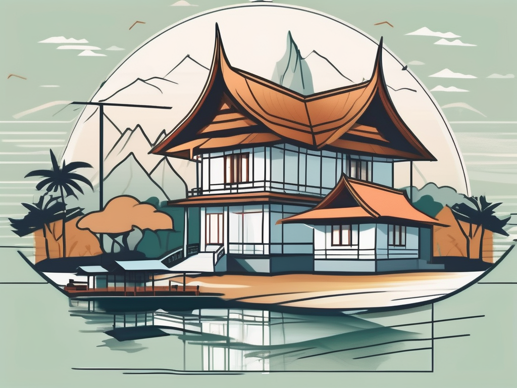 A scenic thai landscape featuring a traditional thai house and a schoolhouse