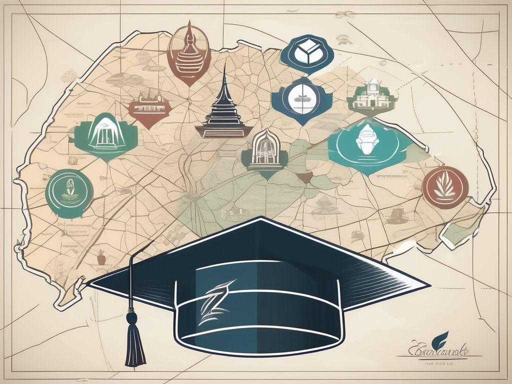 A symbolic representation of a teacher's cap on top of a map of thailand