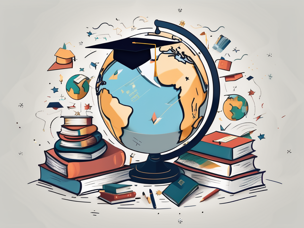 A globe with various educational symbols like books and graduation caps scattered around