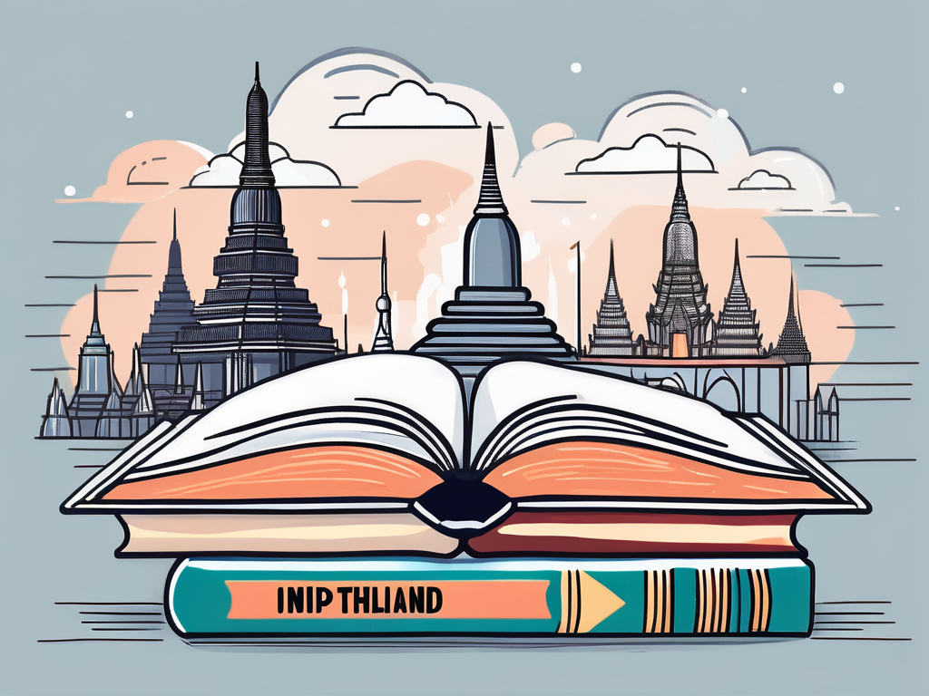 An open book with a graduation cap on one side and thailand's iconic landmarks on the other