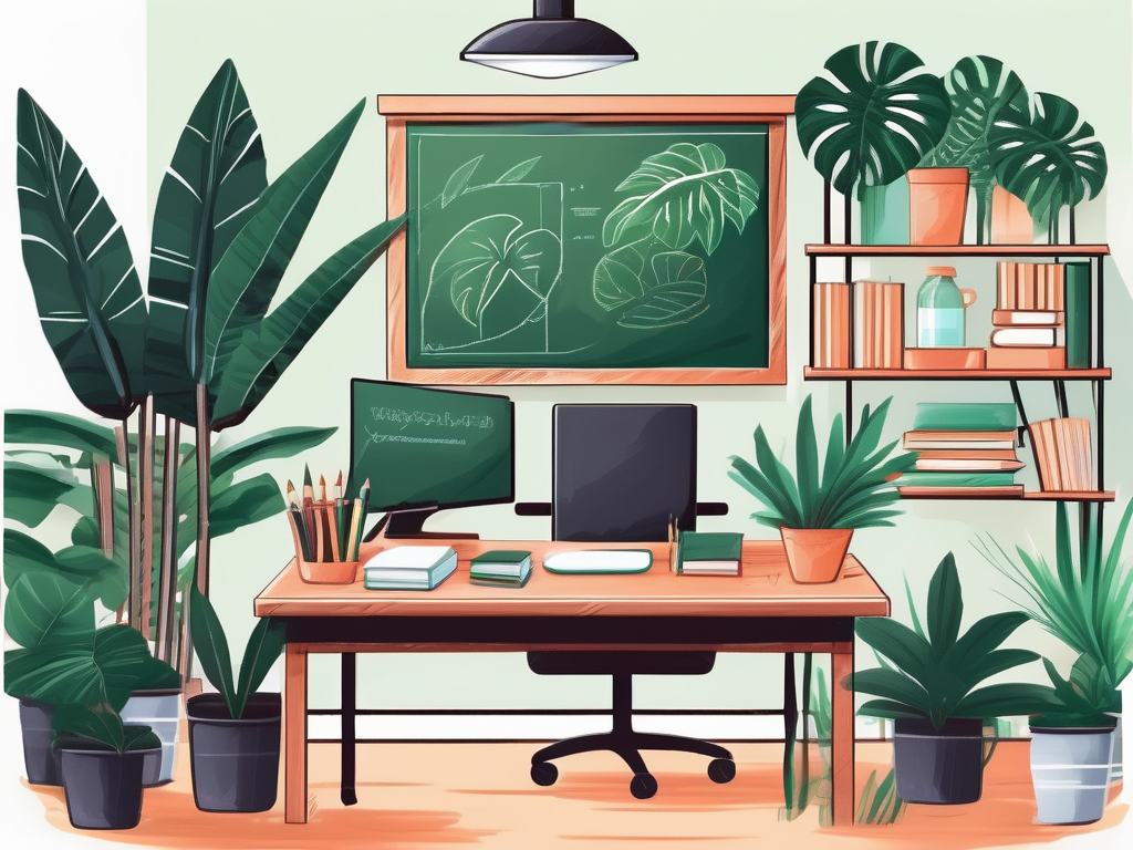 A classroom setting in thailand with a teacher's desk