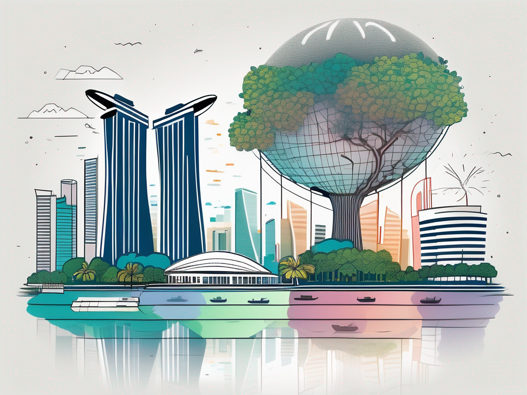 A vibrant singapore cityscape featuring iconic landmarks like marina bay sands and the supertree grove
