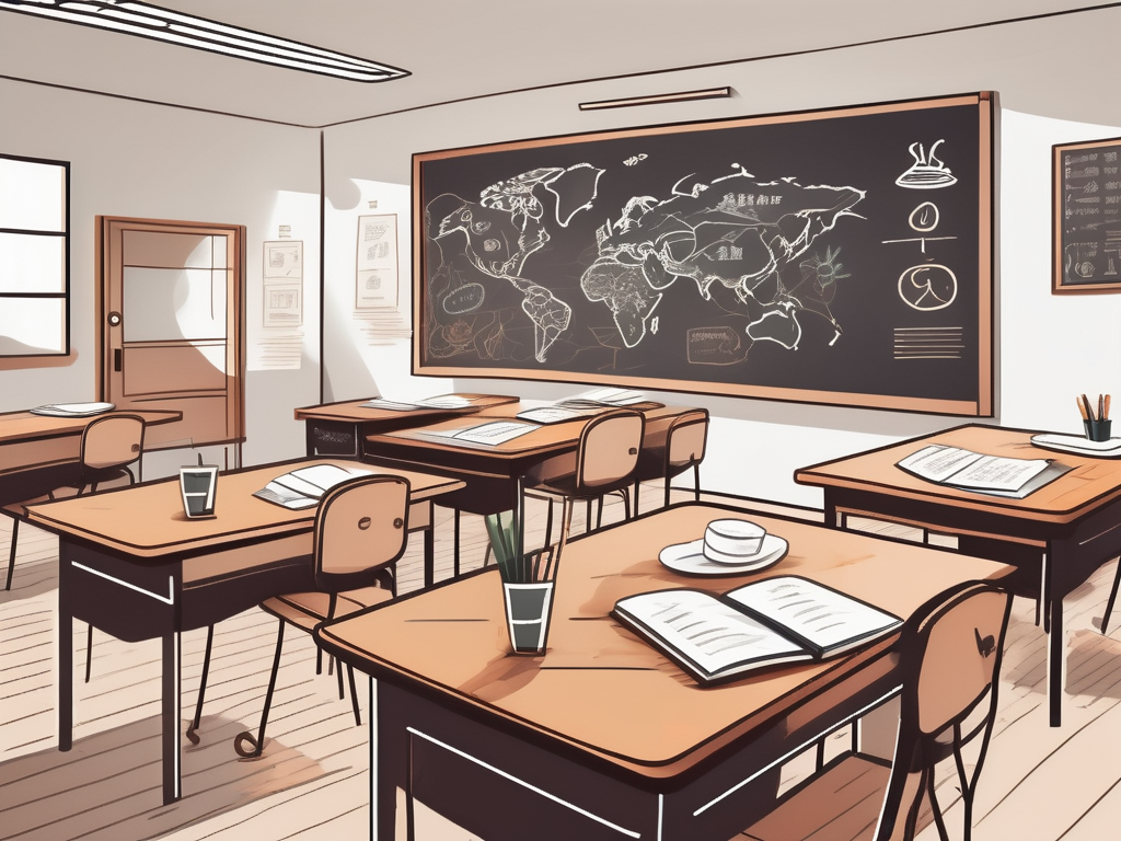 A classroom setting with various language symbols floating over desks