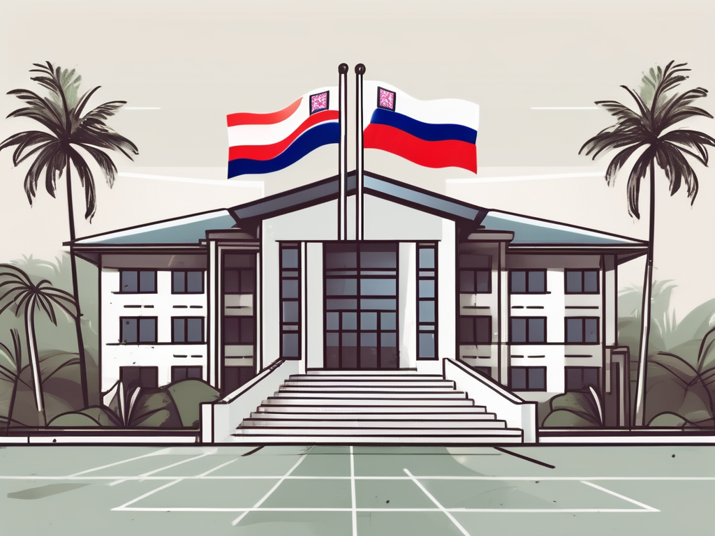A modern school building with a thai flag flying on top