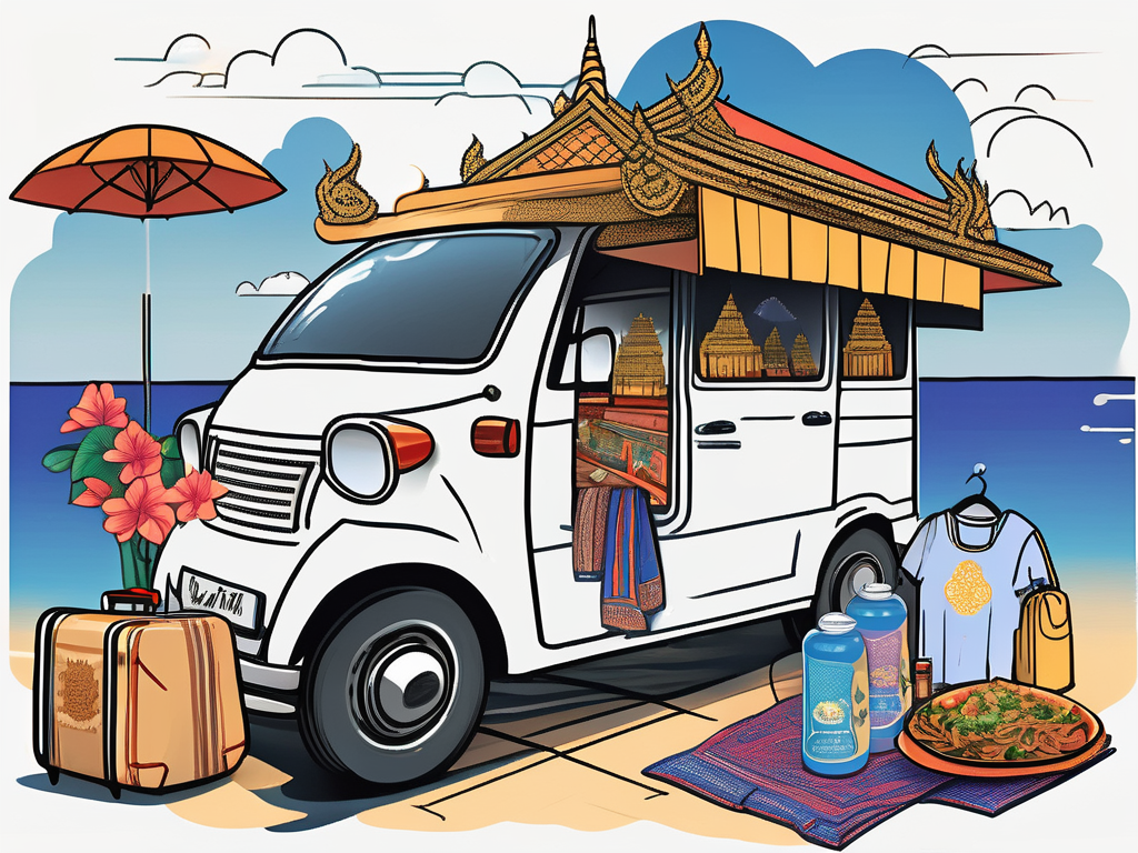 A suitcase opened with various items symbolizing thailand such as a buddha statue