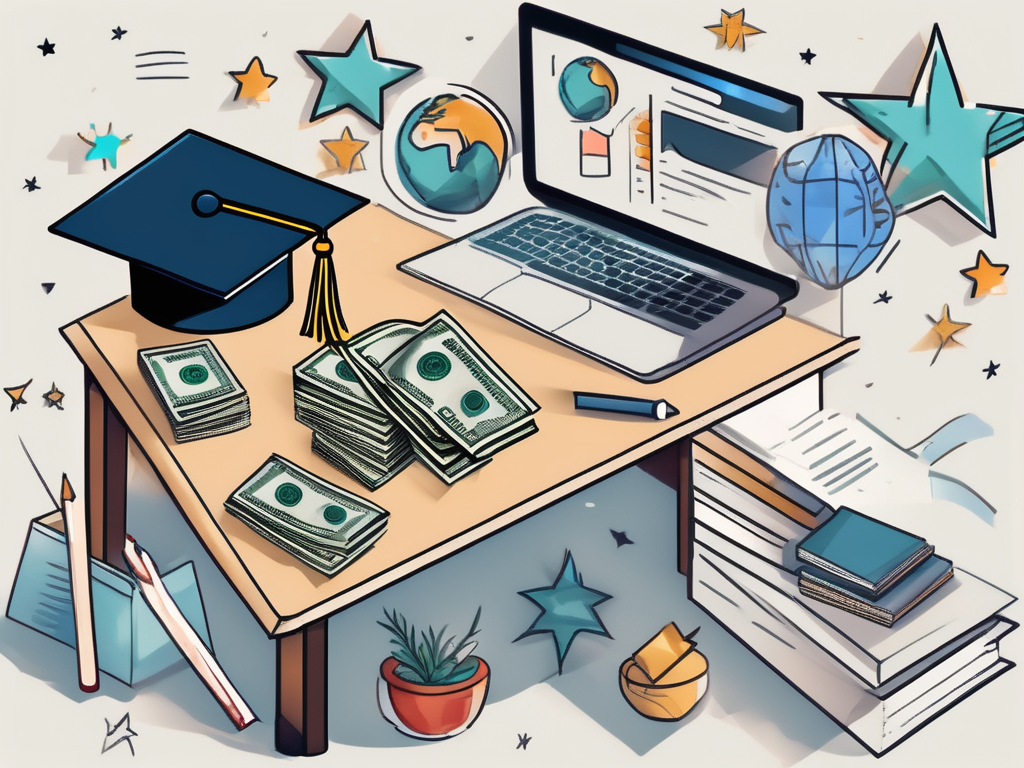 A teacher's desk with a stack of singapore dollars