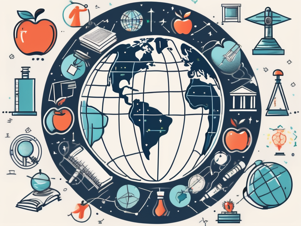 A globe with various iconic educational symbols (like an apple
