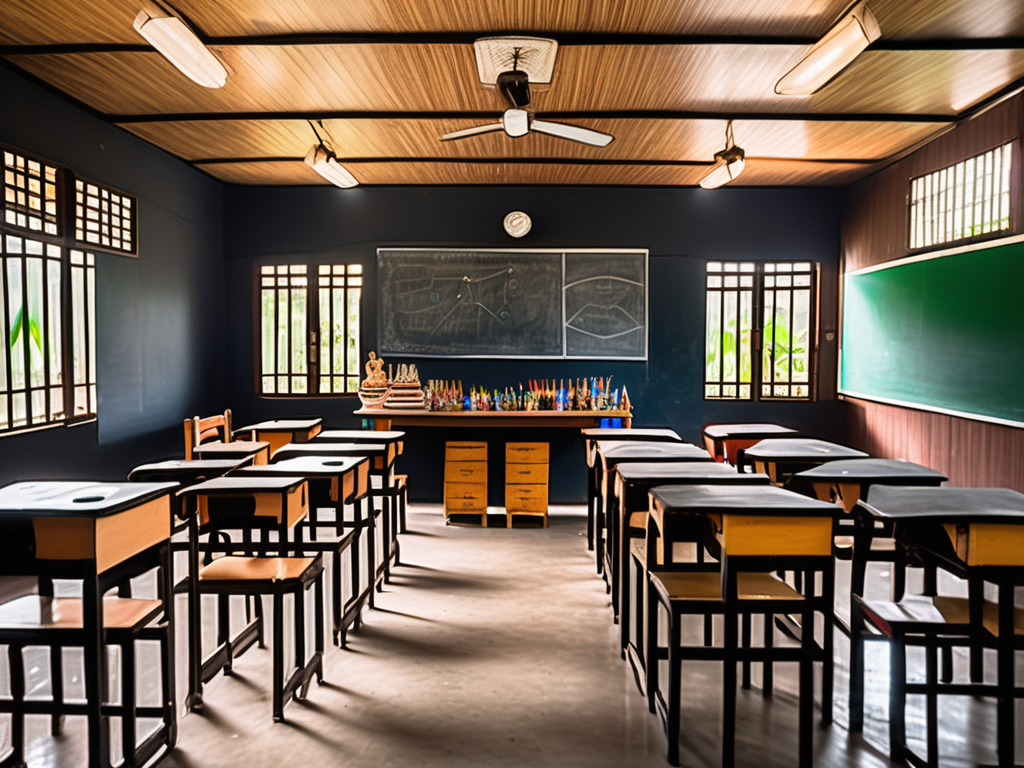 A classroom setting in thailand with empty desks